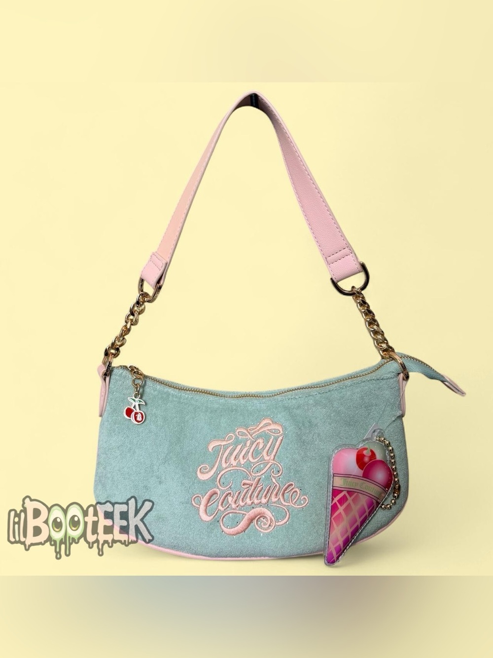 Juicy Couture Baby Blue Shoulder Bag w Ice Cream Charm Pink Embroidered Logo Y2K